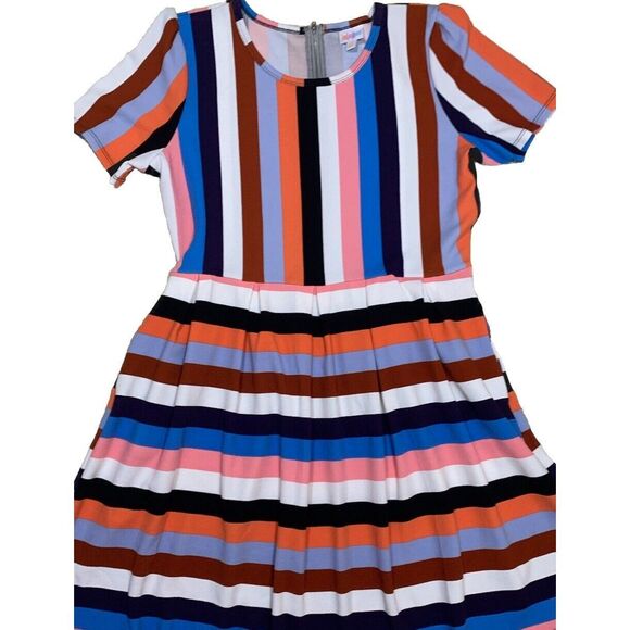 LuLaRoe Womens Dress Size 3XL Amelia‎ Black Blue Pink Rainbow Stripes 3X NWT - Picture 2 of 5